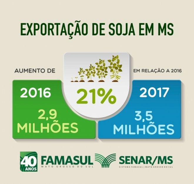 Exportações de soja de MS superam em 21% o volume embarcado em 2016